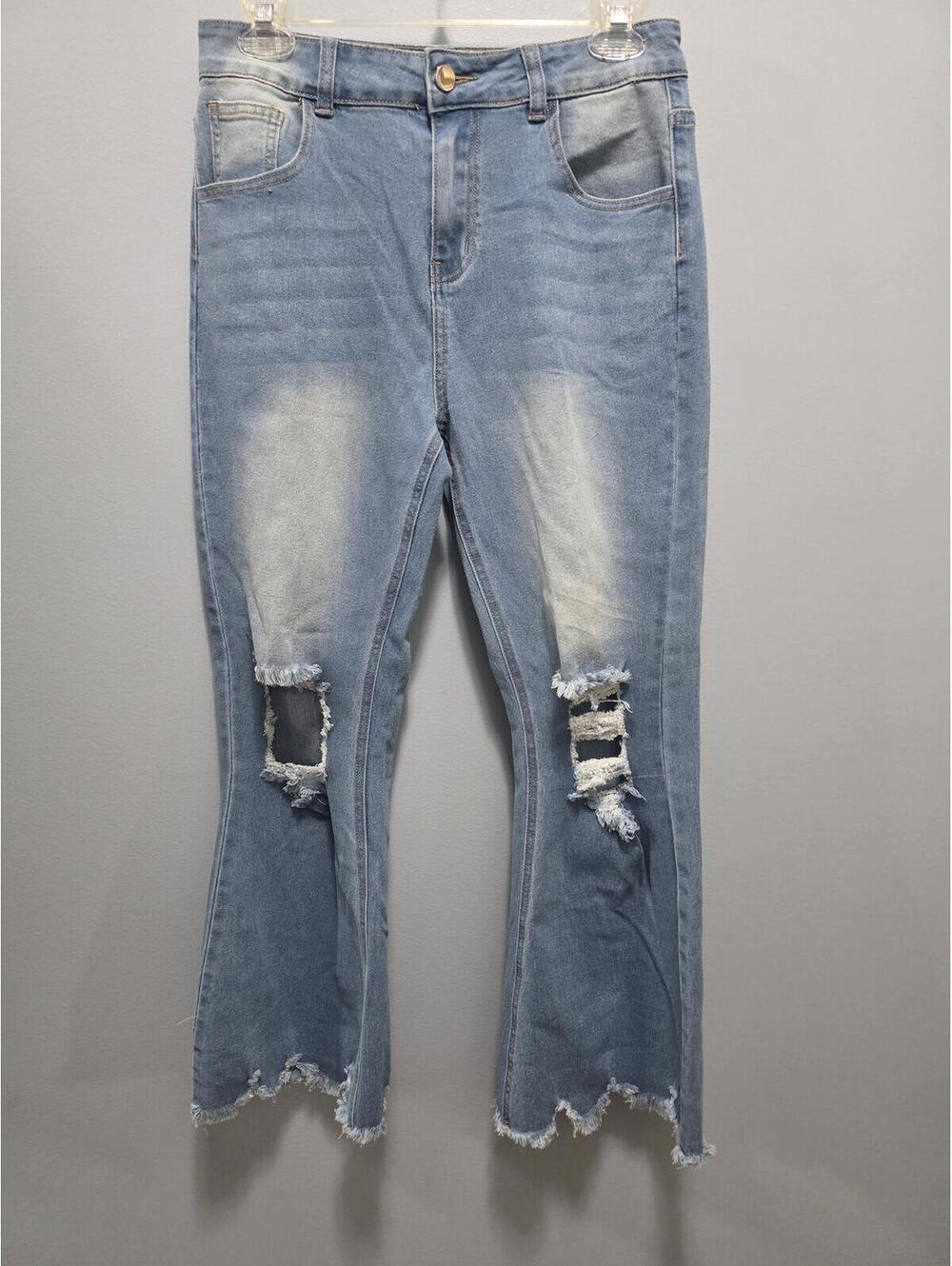 Women's Distressed Bootcut Jeans Size 6 Light Wash Raw Hem Stretch Denim